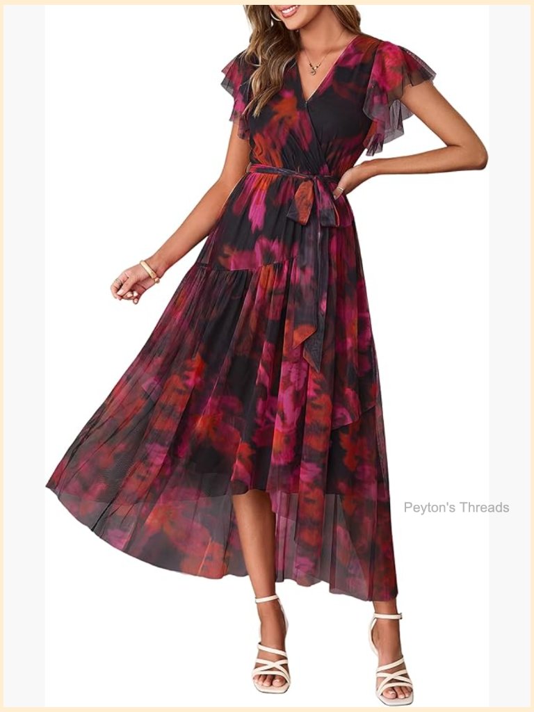 Floral Mesh Maxi Dress With Belted Waist And Hidden Snap